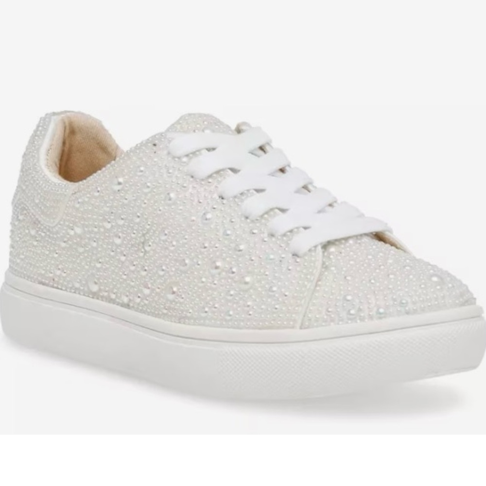 Betsey Johnson White Pearl-Embellished Sneakers